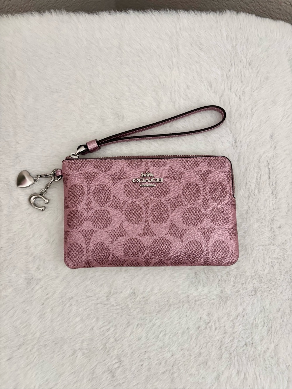 Coach Pink Boxed Corner Zip Wristlet In Signature Canvas With Charms